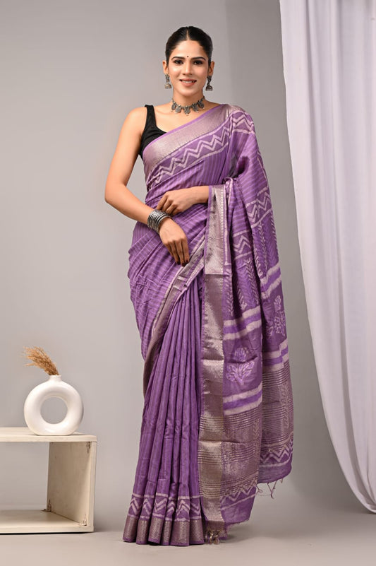 HAND BLOCK BAGRU PRINTED ART SILK CHANDERI SAREE WITH BLOUSE  (CIH24)