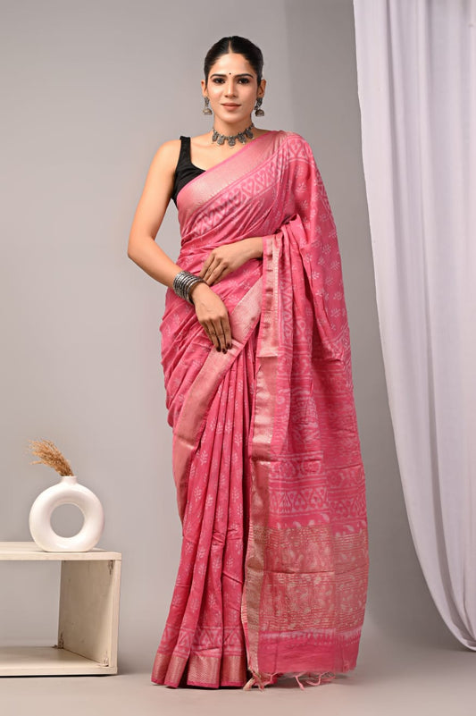 HAND BLOCK BAGRU PRINTED ART SILK CHANDERI SAREE WITH BLOUSE  (CIH25)