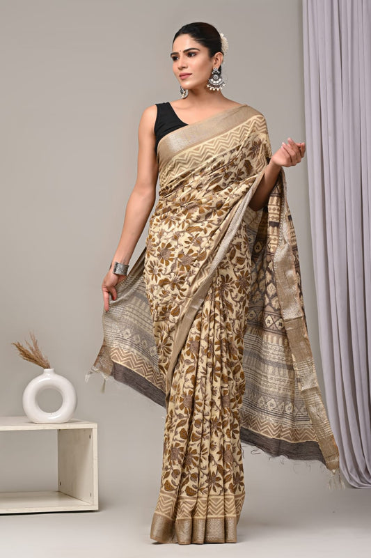 HAND BLOCK BAGRU PRINTED ART SILK CHANDERI SAREE WITH BLOUSE  (CIH26)