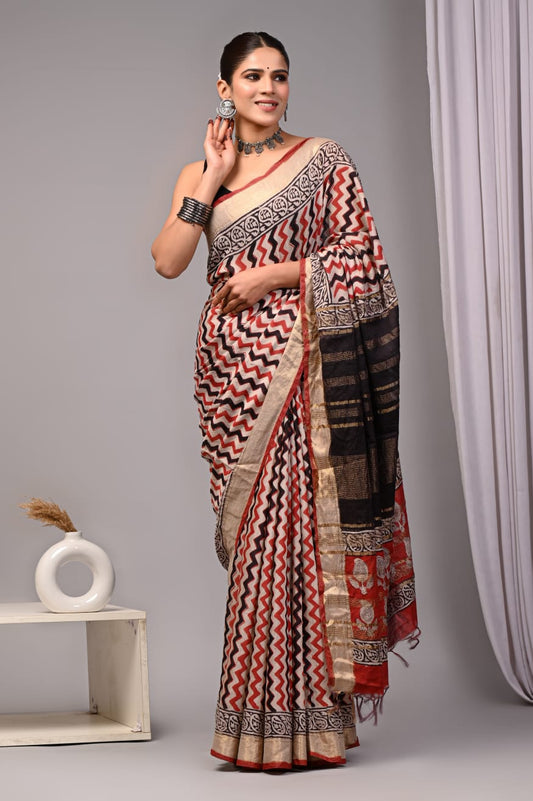 HAND BLOCK BAGRU PRINTED ART SILK CHANDERI SAREE WITH BLOUSE  (CIH27)