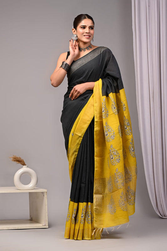 HAND BLOCK BAGRU PRINTED ART SILK CHANDERI SAREE WITH BLOUSE  (CIH28)