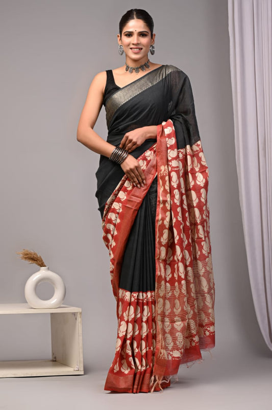 HAND BLOCK BAGRU PRINTED ART SILK CHANDERI SAREE WITH BLOUSE  (CIH30)