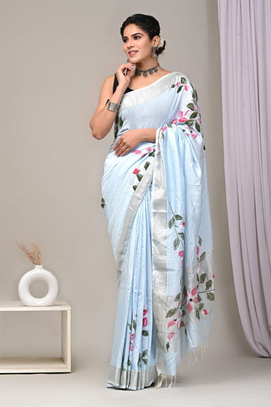 HAND BLOCK BAGRU PRINTED ART SILK CHANDERI SAREE WITH BLOUSE  (CIH31)