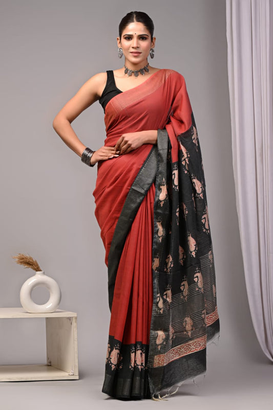 HAND BLOCK BAGRU PRINTED ART SILK CHANDERI SAREE WITH BLOUSE  (CIH32)