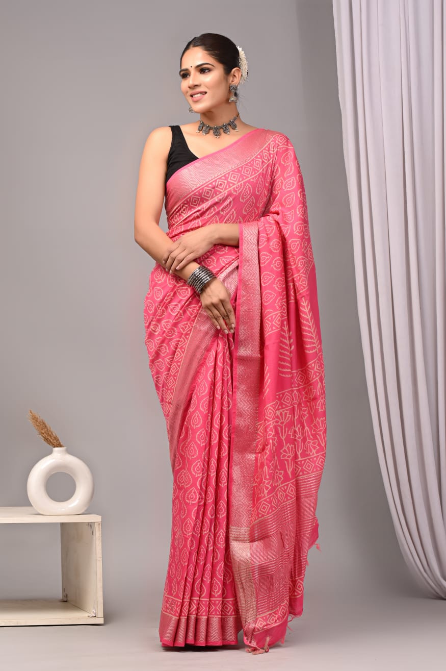 HAND BLOCK BAGRU PRINTED ART SILK CHANDERI SAREE WITH BLOUSE  (CIH33)