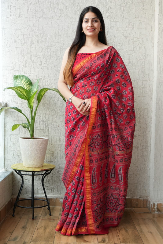 Jaipuri Hand Block Bagru Printed Maheshwari Silk Saree With Blouse (MSS5)