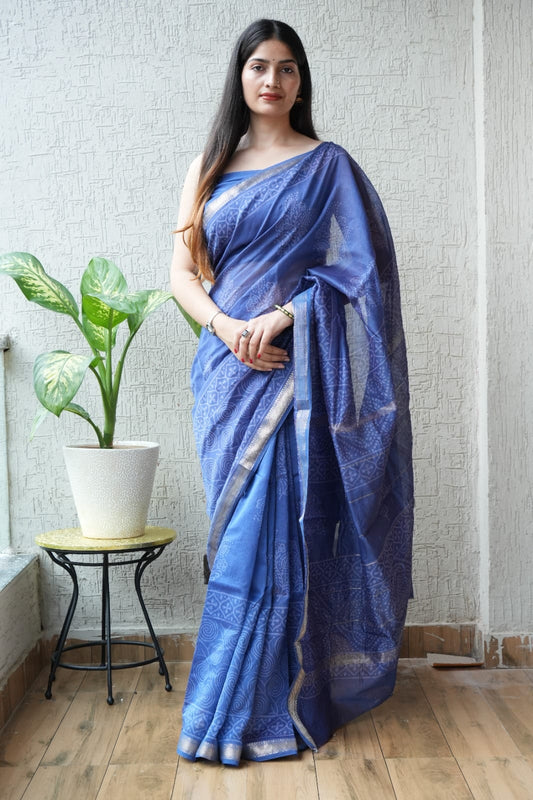 Jaipuri Hand Block Bagru Printed Maheshwari Silk Saree With Blouse (MSS7)