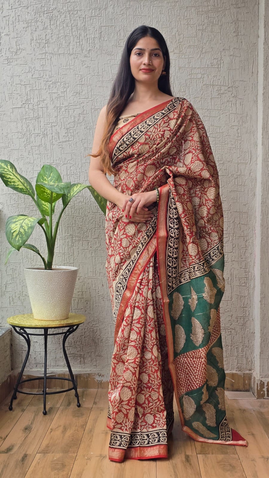 Jaipuri Hand Block Bagru Printed Maheshwari Silk Saree With Blouse (MSS8)