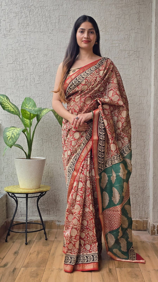 Jaipuri Hand Block Bagru Printed Maheshwari Silk Saree With Blouse (MSS8)