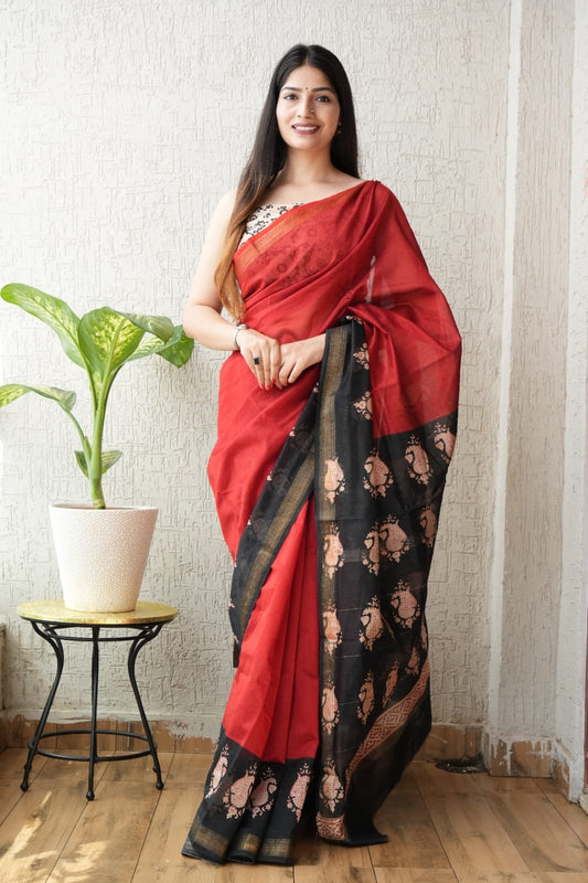 Jaipuri Hand Block Bagru Printed Maheshwari Silk Saree With Blouse (MSS48)