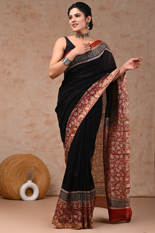 Jaipuri Hand Block Bagru Printed Maheshwari Silk Saree With Blouse (MSS71)