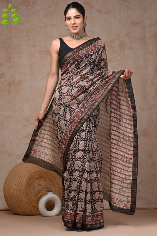 Jaipuri Hand Block Bagru Printed Maheshwari Silk Saree With Blouse (MSS72)