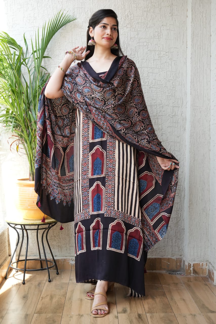 Vanaspati Ajrakh Hand Block Printed Suits Modal Silk Fabric (CIT16)