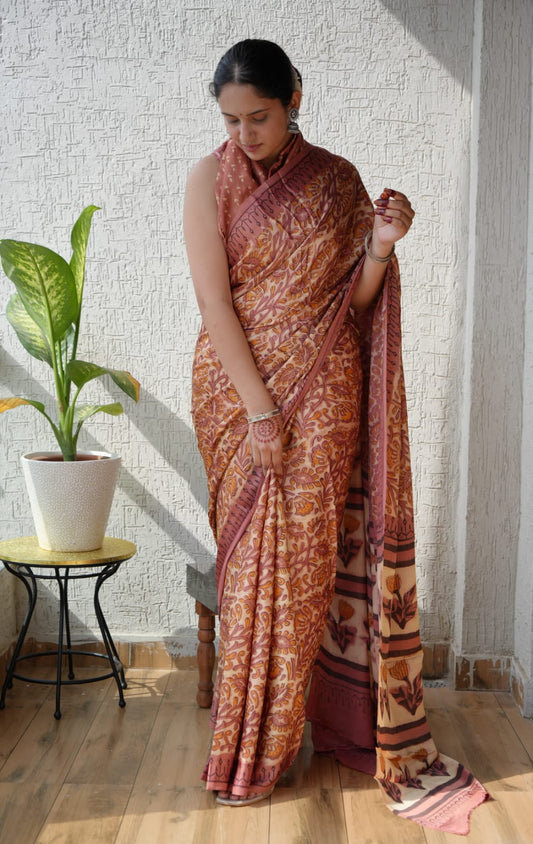 Ajrakh Hand Block Bagru Vanspati Printend Modal Silk Saree with Blouse (CID2)