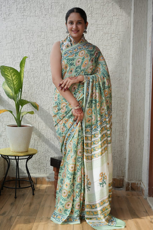Ajrakh Hand Block Bagru Vanspati Printend Modal Silk Saree with Blouse (CID9)