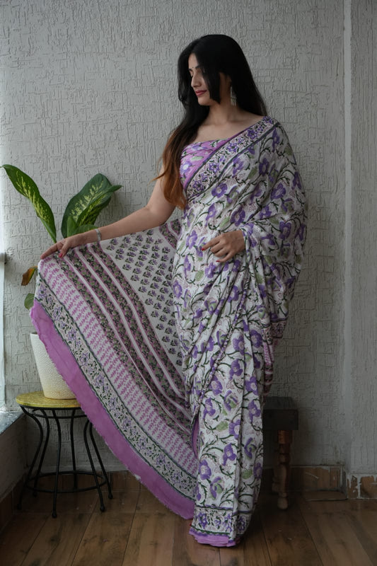 Ajrakh Hand Block Bagru Vanspati Printend Modal Silk Saree with Blouse (CID15)