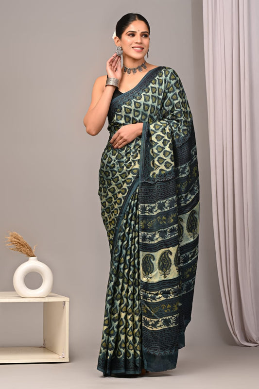 Ajrakh Hand Block Bagru Vanspati Printend Modal Silk Saree with Blouse (CID32)
