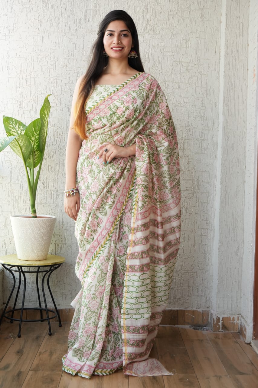 Bagru Hand Block Printed Chanderi Silk Saree with Blouse (CSS17)