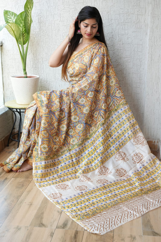Bagru Hand Block Printed Chanderi Silk Saree with Blouse (CSS41)