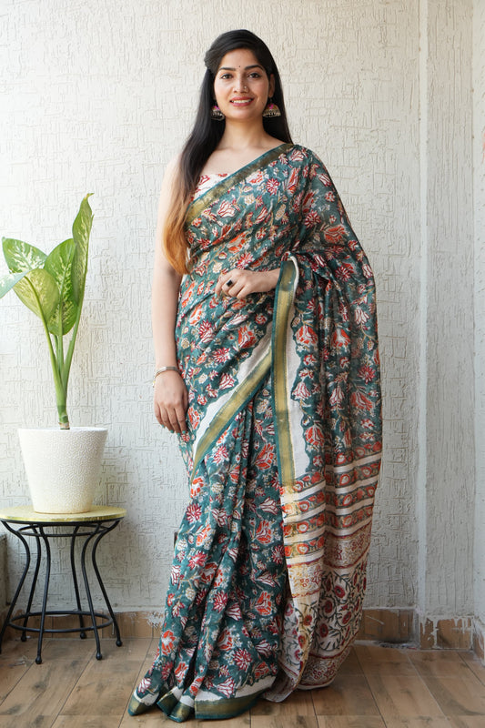 Jaipuri Hand Block Bagru Printed Maheshwari Silk Saree With Blouse (MSS11)