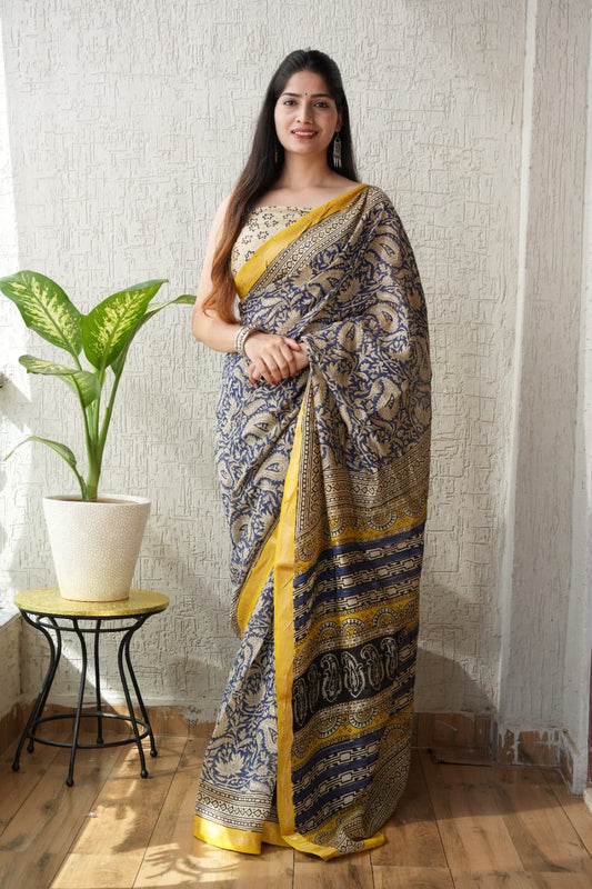 Jaipuri Hand Block Bagru Printed Maheshwari Silk Saree With Blouse (MSS52)