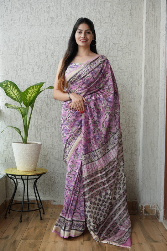 Jaipuri Hand Block Bagru Printed Maheshwari Silk Saree With Blouse (MSS79)
