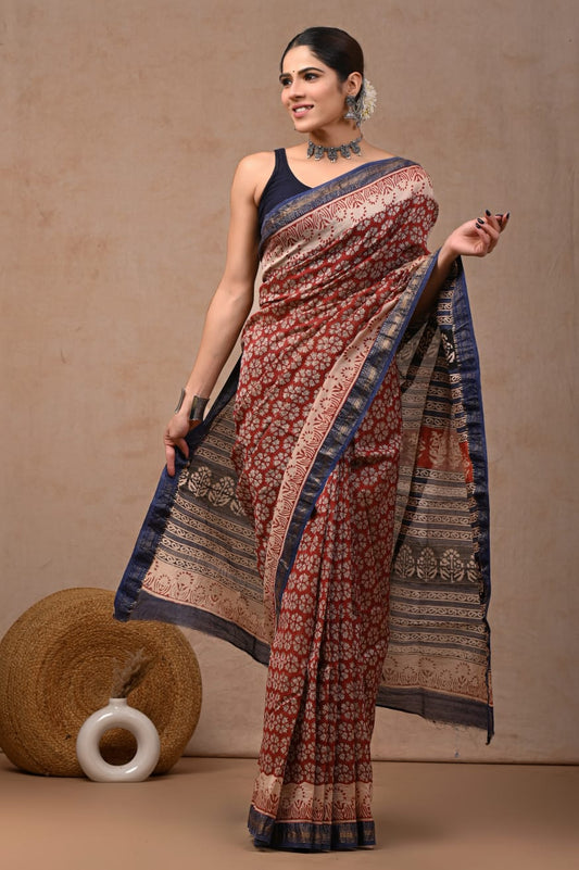 Jaipuri Hand Block Bagru Printed Maheshwari Silk Saree With Blouse (MSS81)