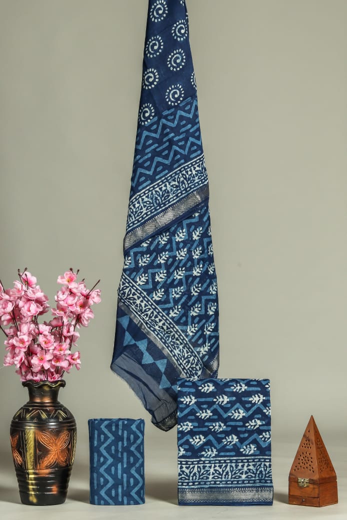 JAIPURI HAND BLOCK PRINTED MAHESHWARI SILK SUIT WITH SILK DUPPATA (MSD55)