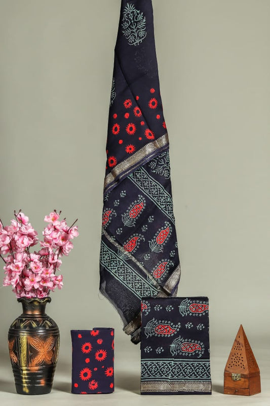 JAIPURI HAND BLOCK PRINTED MAHESHWARI SILK SUIT WITH SILK DUPPATA (MSD56)