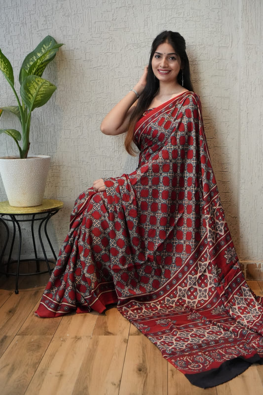 HAND BLOCK PRINTED AJARKH MODAL SILK SAREE (CIG7)