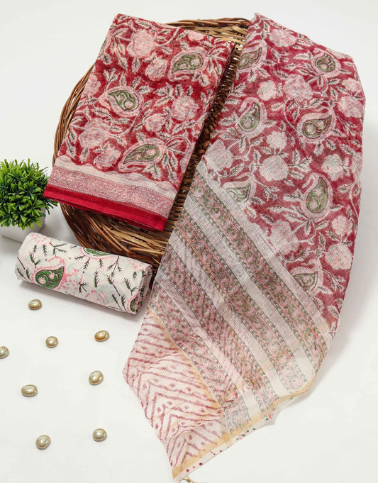 HAND BLOCK PRINTED KOTA DORIYA SUIT WITH KOTA DORIYA DUPPATA (FKS56)