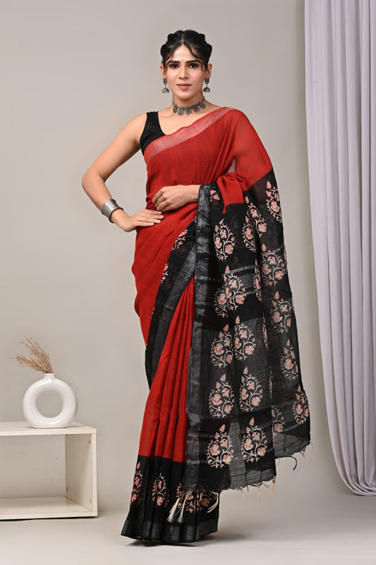 HAND BLOCK BLACK & WHITE PRINTED COTTON LINEN SAREE WITH BLOUSE  (LCS21)