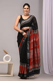 HAND BLOCK BLACK & WHITE PRINTED COTTON LINEN SAREE WITH BLOUSE  (LCS30)