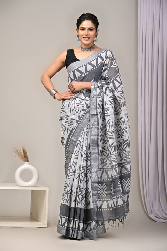 HAND BLOCK BLACK & WHITE PRINTED COTTON LINEN SAREE WITH BLOUSE  (LCS40)