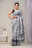 HAND BLOCK BLACK & WHITE PRINTED COTTON LINEN SAREE WITH BLOUSE  (LCS40)