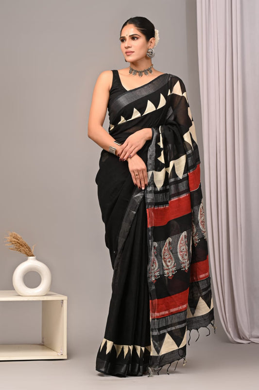 HAND BLOCK BLACK & WHITE PRINTED COTTON LINEN SAREE WITH BLOUSE  (LCS41)