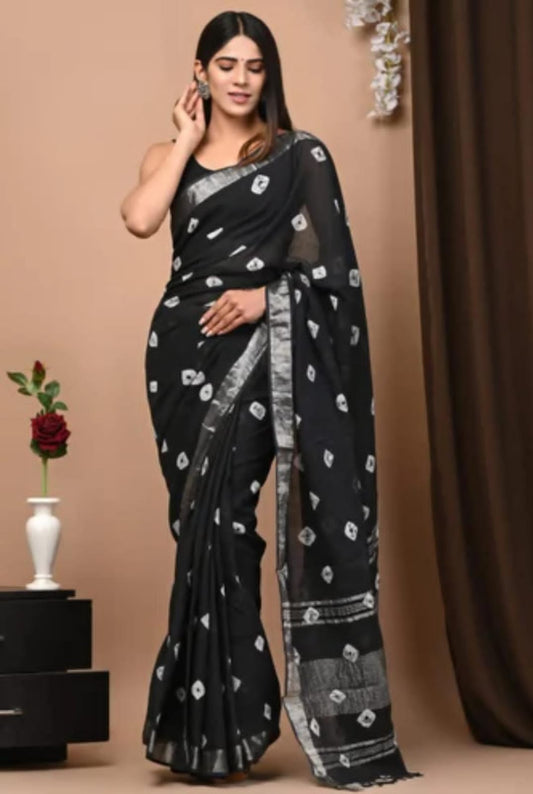 HAND BLOCK BLACK & WHITE PRINTED COTTON LINEN SAREE WITH BLOUSE  (LCS42)