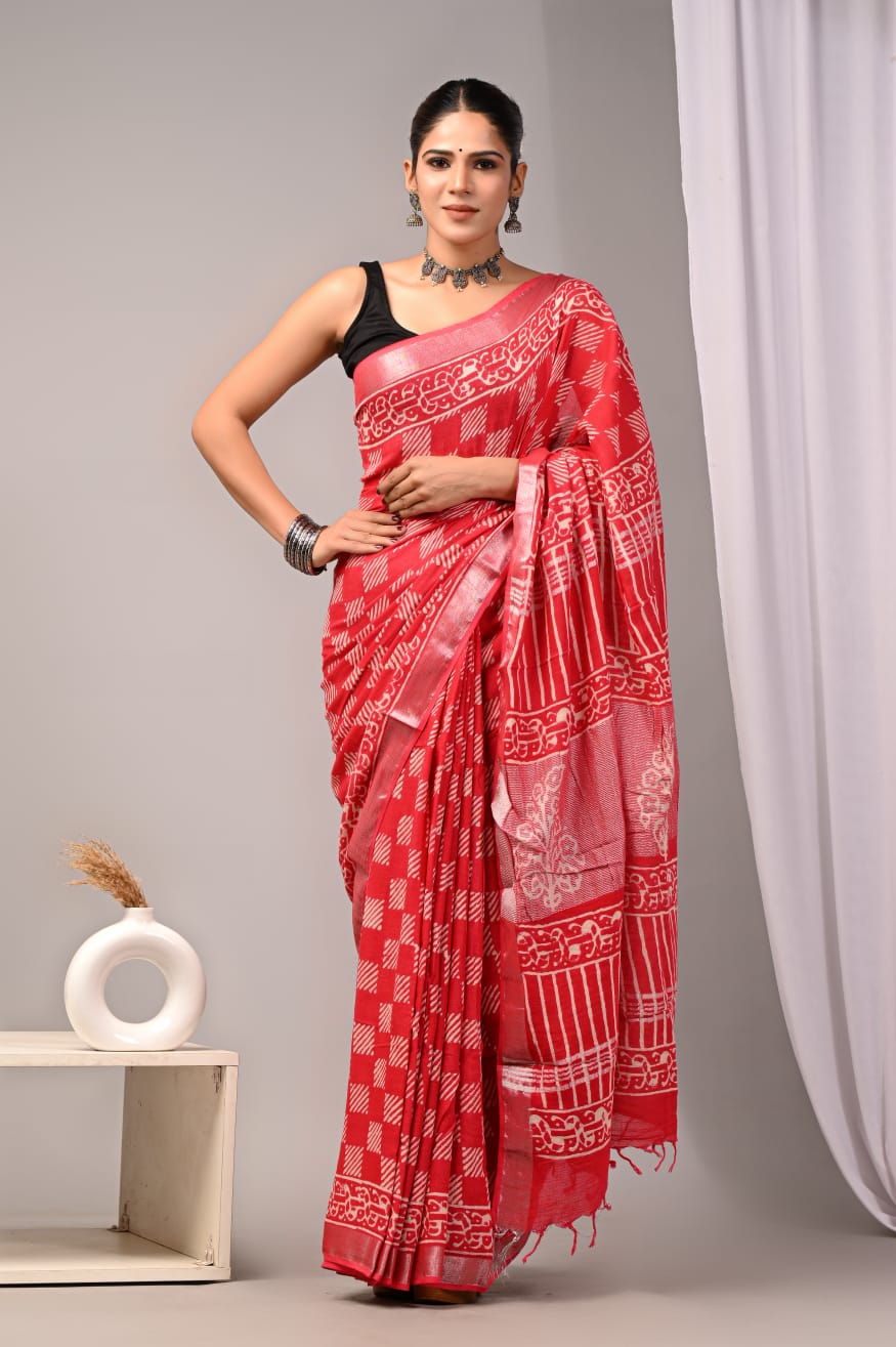 HAND BLOCK BLACK & WHITE PRINTED COTTON LINEN SAREE WITH BLOUSE  (LCS43)