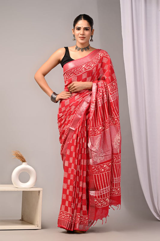 HAND BLOCK BLACK & WHITE PRINTED COTTON LINEN SAREE WITH BLOUSE  (LCS43)