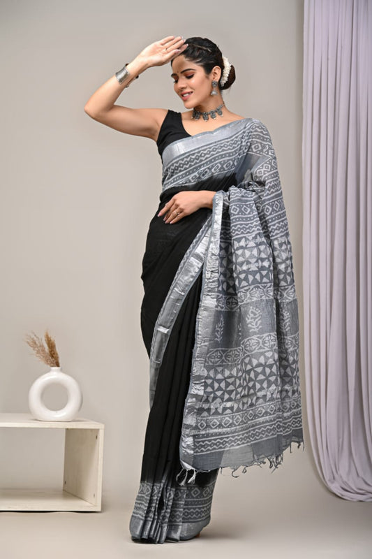 HAND BLOCK BLACK & WHITE PRINTED COTTON LINEN SAREE WITH BLOUSE  (LCS44)
