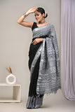 HAND BLOCK BLACK & WHITE PRINTED COTTON LINEN SAREE WITH BLOUSE  (LCS44)