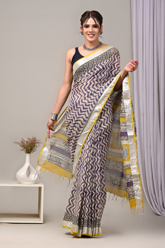 HAND BLOCK BLACK & WHITE PRINTED COTTON LINEN SAREE WITH BLOUSE  (LCS45)
