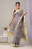 HAND BLOCK BLACK & WHITE PRINTED COTTON LINEN SAREE WITH BLOUSE  (LCS45)