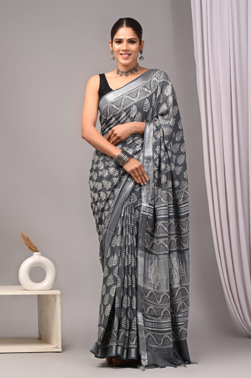 HAND BLOCK BLACK & WHITE PRINTED COTTON LINEN SAREE WITH BLOUSE  (LCS47)