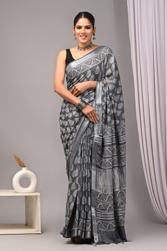 HAND BLOCK BLACK & WHITE PRINTED COTTON LINEN SAREE WITH BLOUSE  (LCS47)