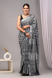 HAND BLOCK BLACK & WHITE PRINTED COTTON LINEN SAREE WITH BLOUSE  (LCS47)