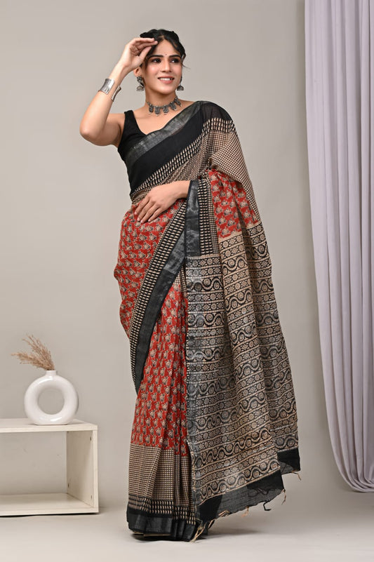 HAND BLOCK BLACK & WHITE PRINTED COTTON LINEN SAREE WITH BLOUSE  (LCS48)