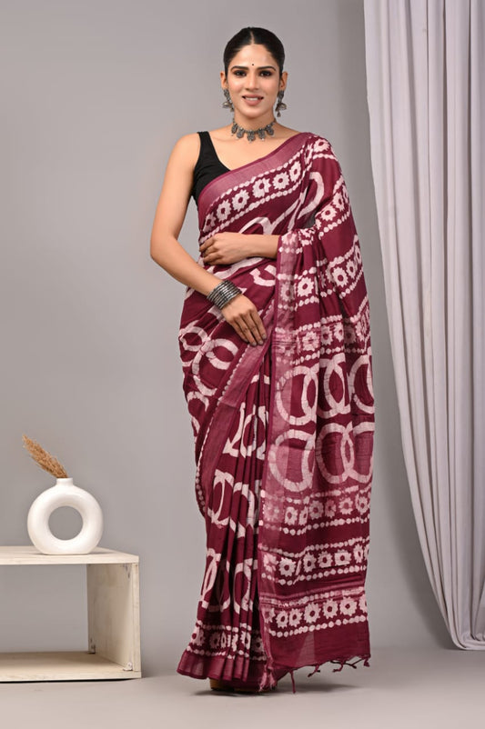 HAND BLOCK BLACK & WHITE PRINTED COTTON LINEN SAREE WITH BLOUSE  (LCS50)