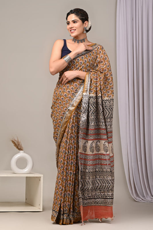 HAND BLOCK BLACK & WHITE PRINTED COTTON LINEN SAREE WITH BLOUSE  (LCS52)