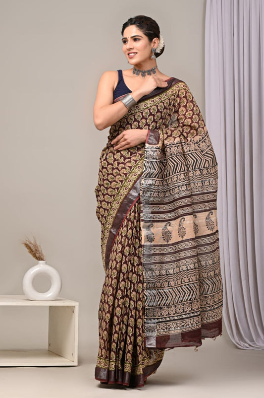 HAND BLOCK BLACK & WHITE PRINTED COTTON LINEN SAREE WITH BLOUSE  (LCS53)